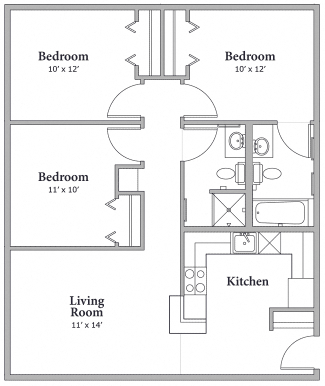 Floor plan for 3 beds, 2 baths, 937 sqft